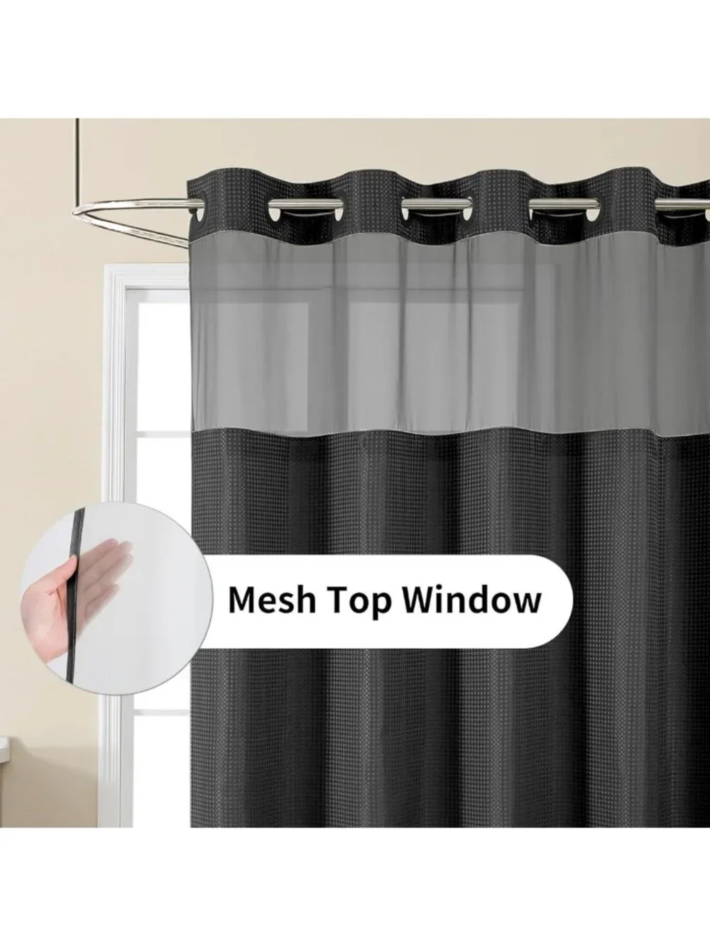 Waterproof Waffle Shower Curtain with See-Through Window, Heavy Duty 72'' x 75''